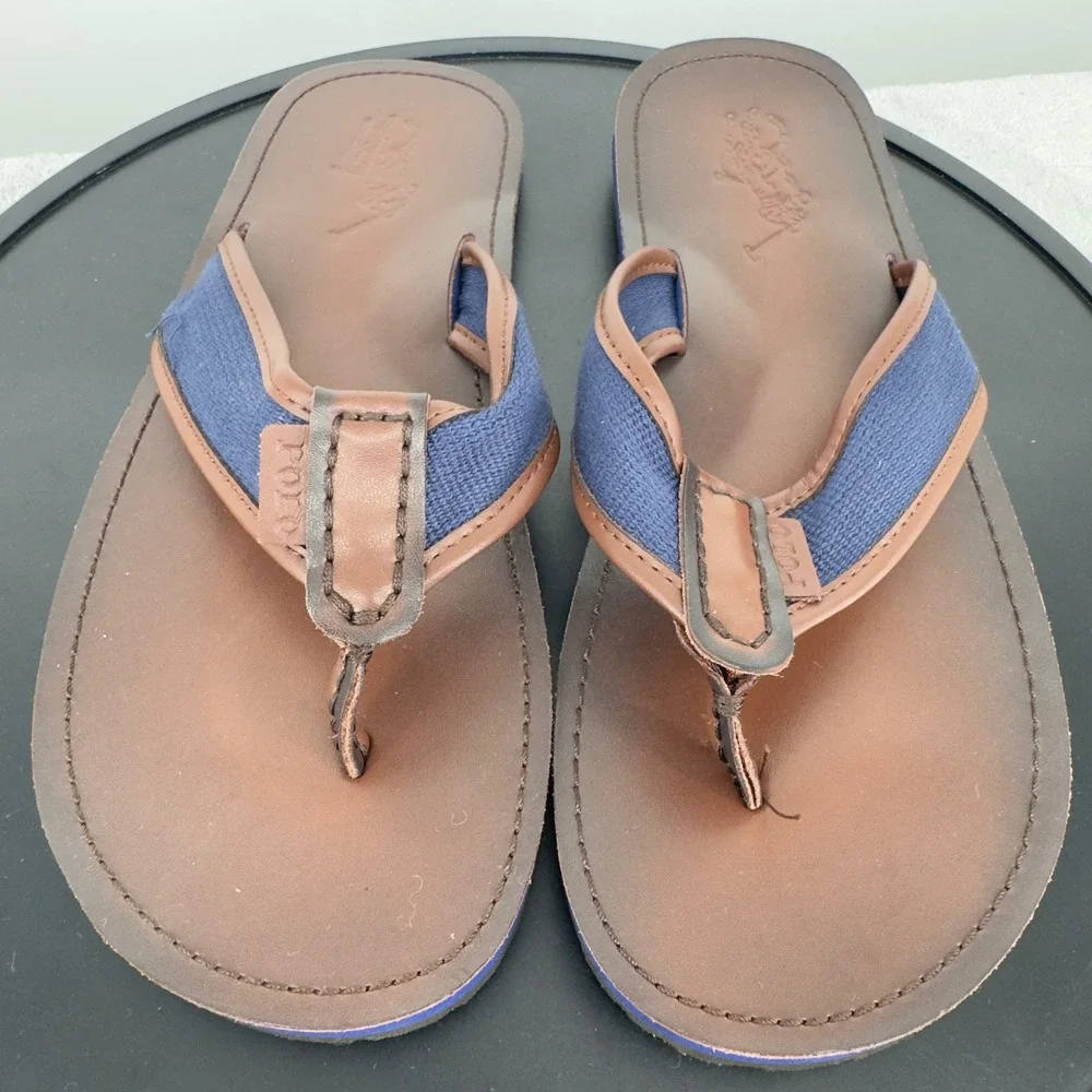Polo Ralph Lauren Sullivan Men 12D Brown Navy Leather Webbing Flip Flop Sandals